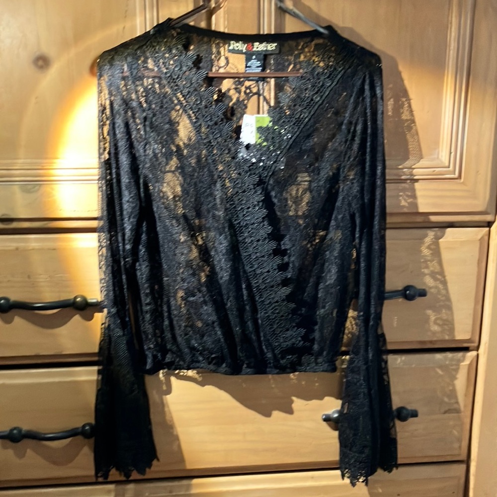 Fem Lace, Wrap Blouse with wide Bell Sleeves, Black, S
